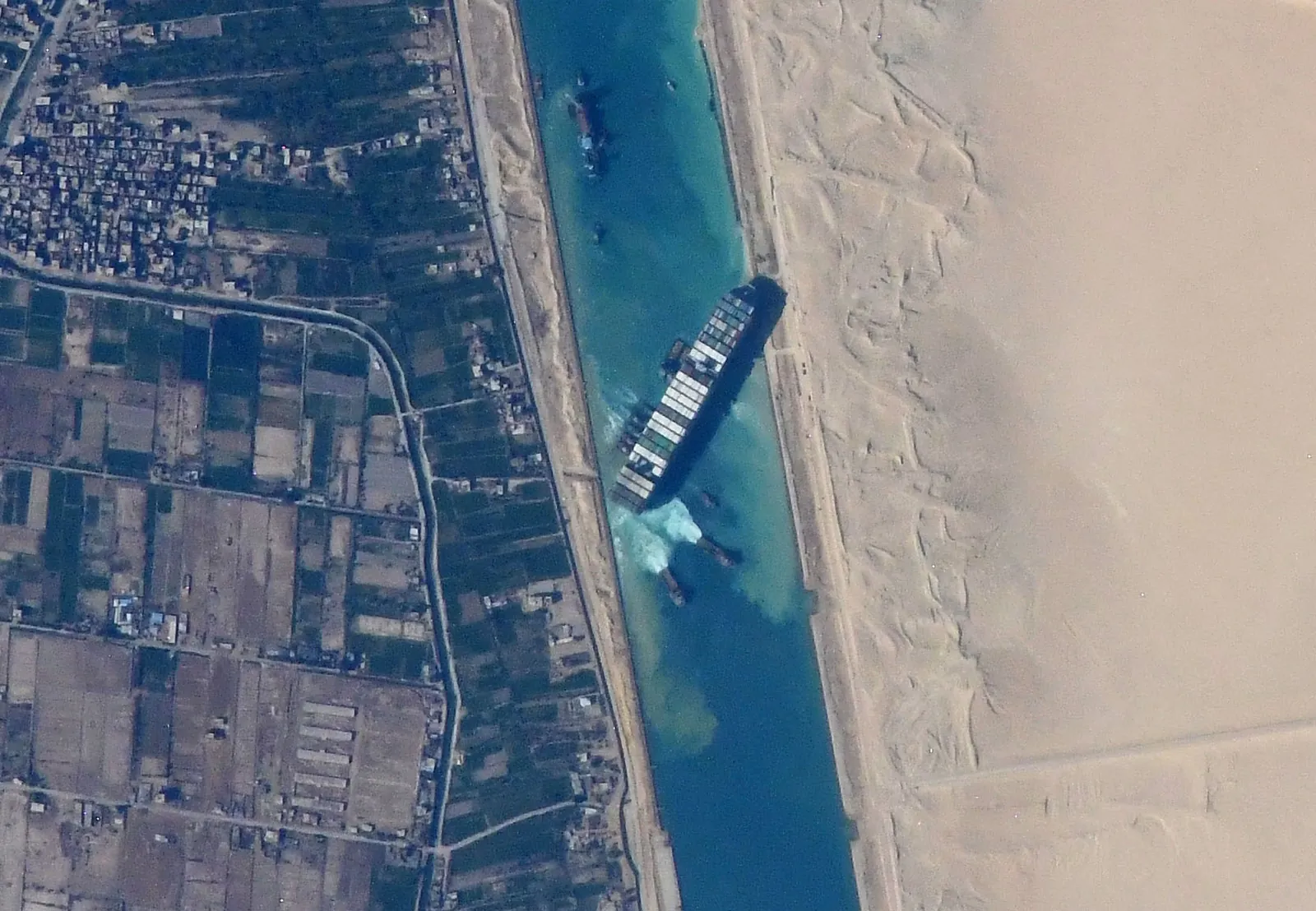 Ever Given blocking the Suez Canal, seen from the ISS in March 2021.